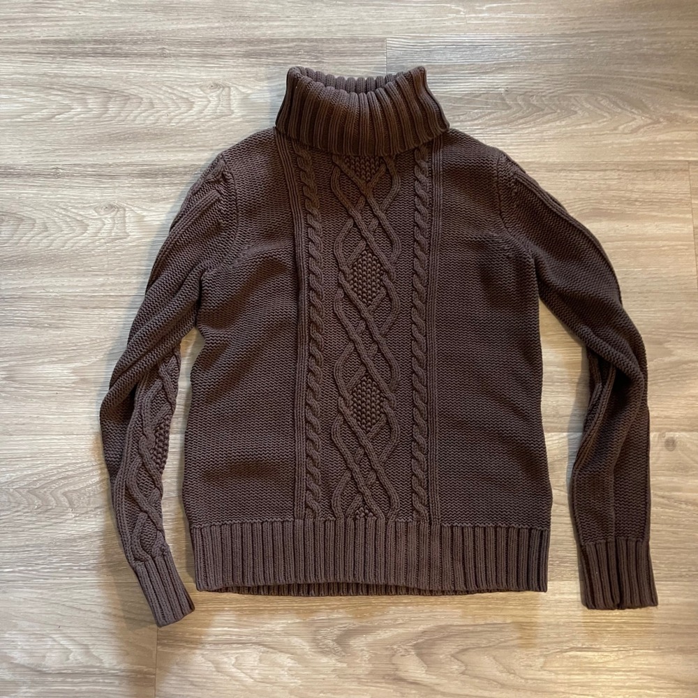 Eddie Bauer Brown Cableknit Turtleneck Sweater Granola Fall Chic Old Money